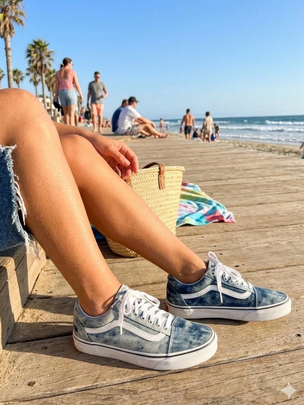 Vans Old Skool Sneakers featuring an Acid-Wash Blue Denim Upper Size 9.5